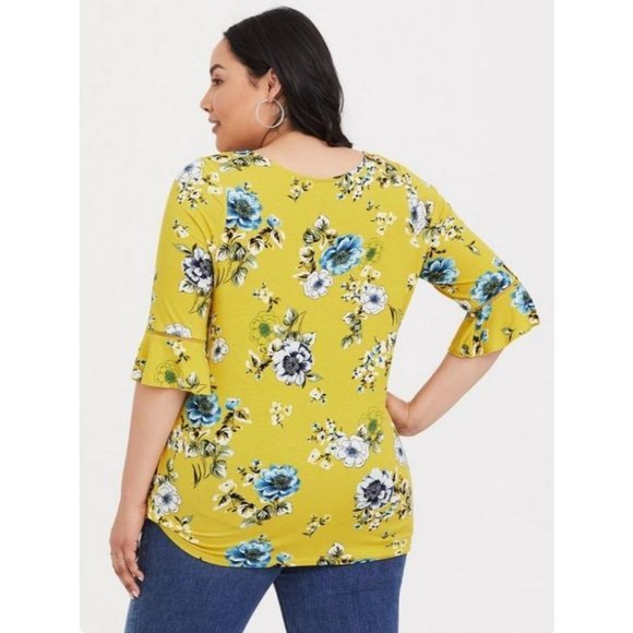 Torrid Super Soft Lime Green Floral Bell Sleeve Top 3x - Picture 3 of 7
